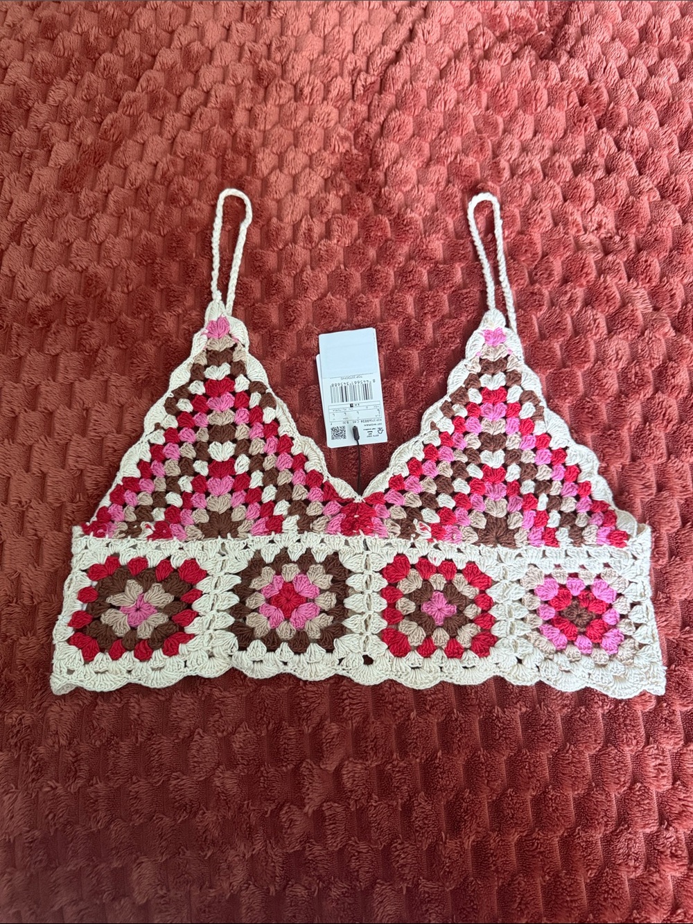 Mango Crochet Bralette Top - Pink, Brown & Cream